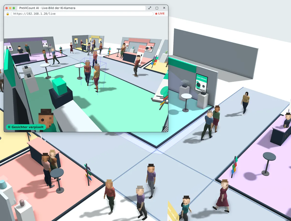 3D-Zählraum Messe: Live-Bild der KI-Kamera mit verpixelten Gesichtern
