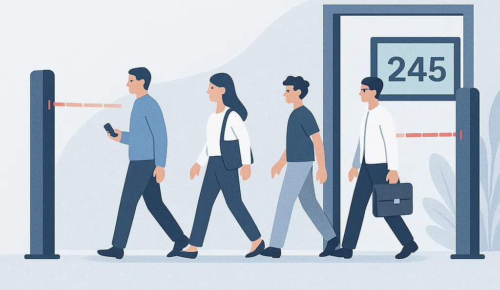 Illustration: Personen gehen durch einen Eingang mit Personenzähler